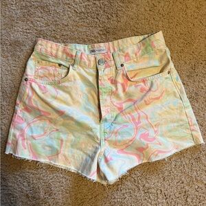 Zara Pink and Green Jean Shorts with Frayed Hem